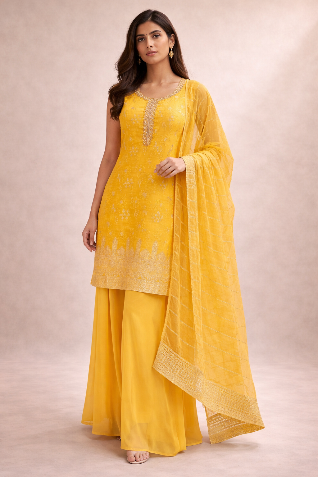 Yellow Embroidered Brocade Silk Kurta Sharara Set with Dupatta for Women